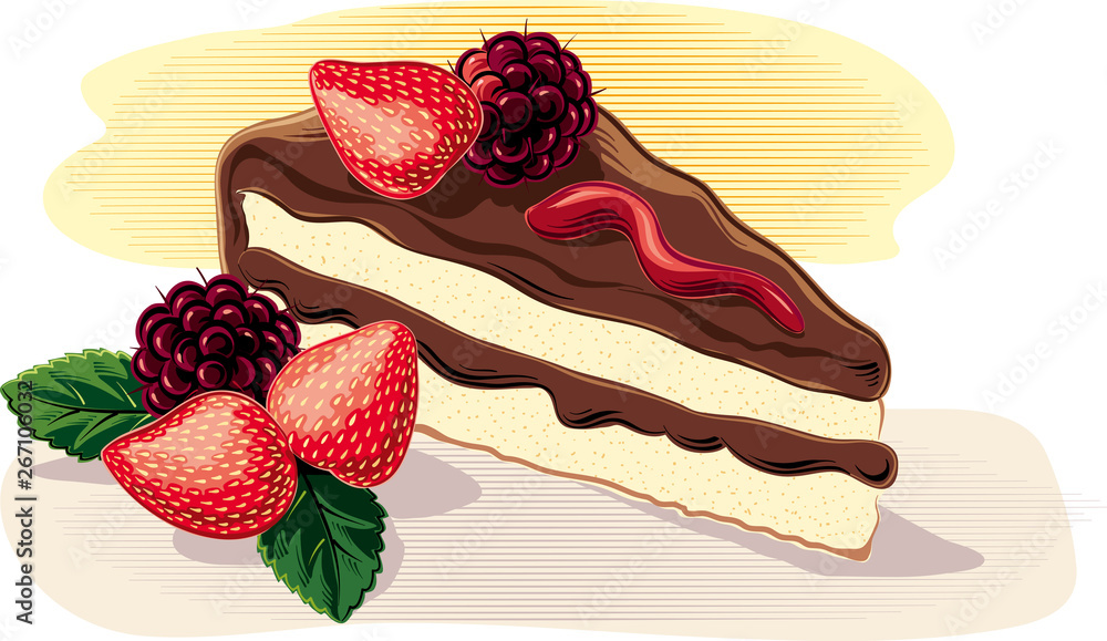 A slice of cake, with strawberries and ripe blackberries, on a plane, in vector. - obrazy, fototapety, plakaty 