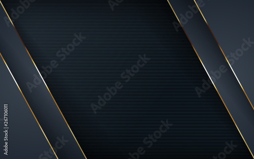 Dark overlap layers abstract background. Modern shape with light golden line element decoration. Realistic dimension design vector illustration.