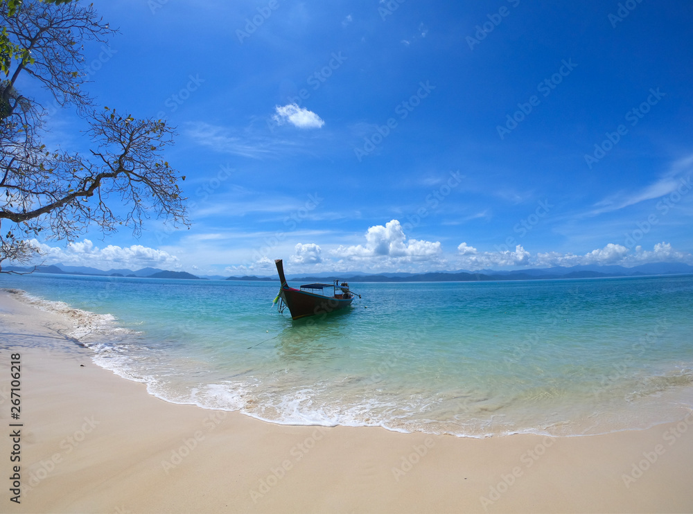 Seascape wtih boat in summer and nice beach top view by extreme camera Seascape wtih boat in summer and nice beach top view by extreme camera
