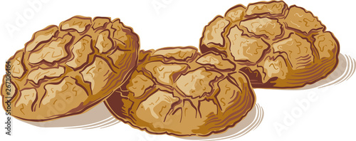 Three vector macaroon biscuits resting on a  white floor.