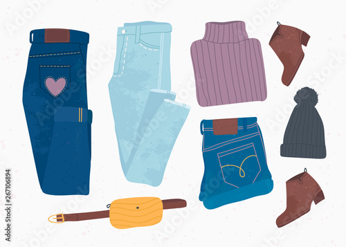 Various stylish clothes. Denim shorts, boots, sweater, jeans pants, beanie, belt bag. Hand drawn vector set. Colored trendy fashion illustration. Stamp texture. All elements are isolated