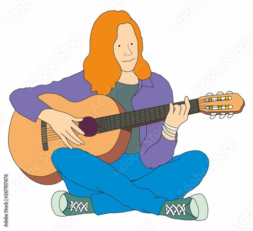 Young girl playing the guitar and composes music, teenager girl singer with guitar sitting on a floor. vector cute character.