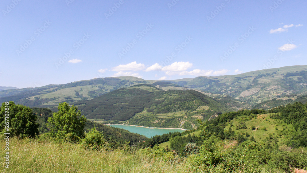 View over the lake and the mountains. Beautiful landscape backgound. South East Serbia.