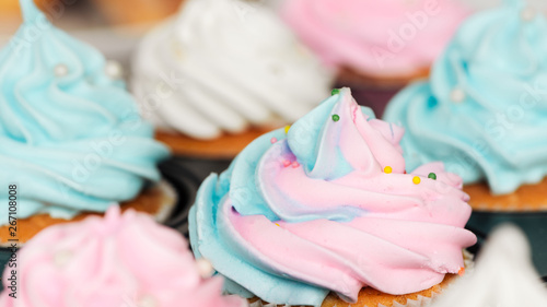 close up of delicious blue and pink cupcakes decorated with sprinkles in cupcake tray