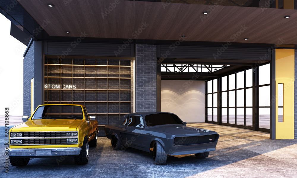 Exterior and interior garage industrial loft style with cars. 3d rendering