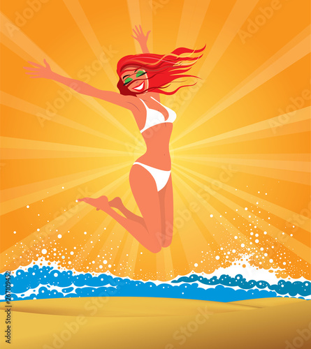 Girl jumping on the beach  illustration
