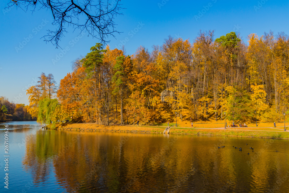 MOSCOW, RUSSIA - October 17, 2018: Panoramic view to the pond in Tsaritsyno park MOSCOW, RUSSIA - October 17, 2018: Panoramic view to the pond in Tsaritsyno park