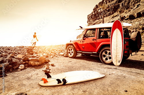 Red summer time on beach. Summer sunset time and free space for your decoration.  © magdal3na