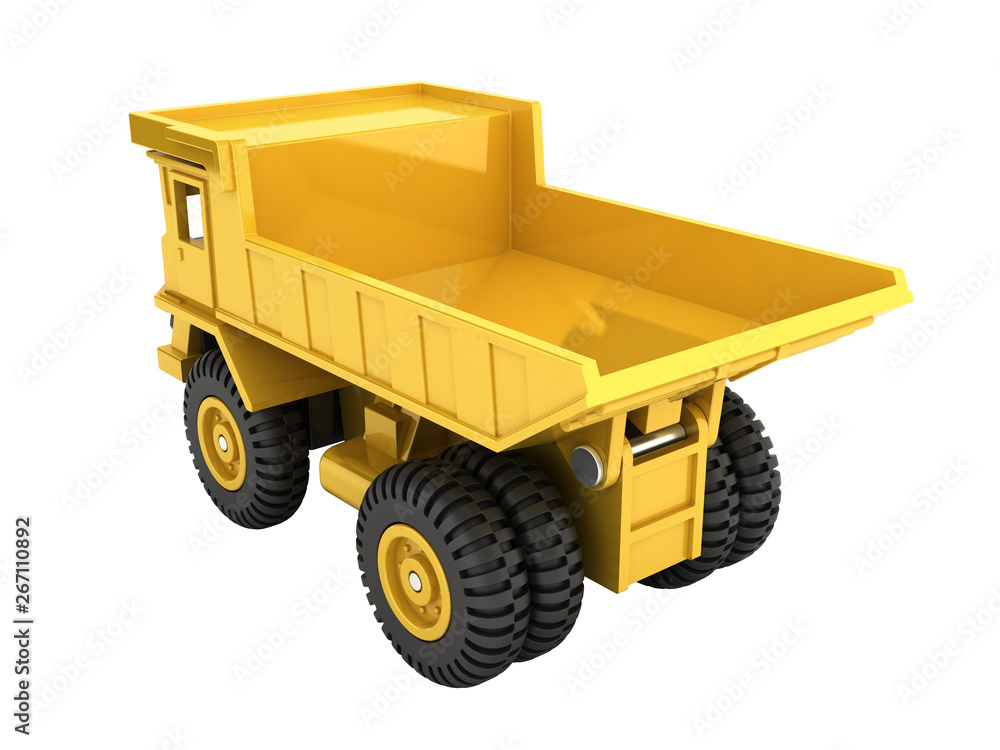 Yellow toy dump truck isolated on white background 3d render without shadow