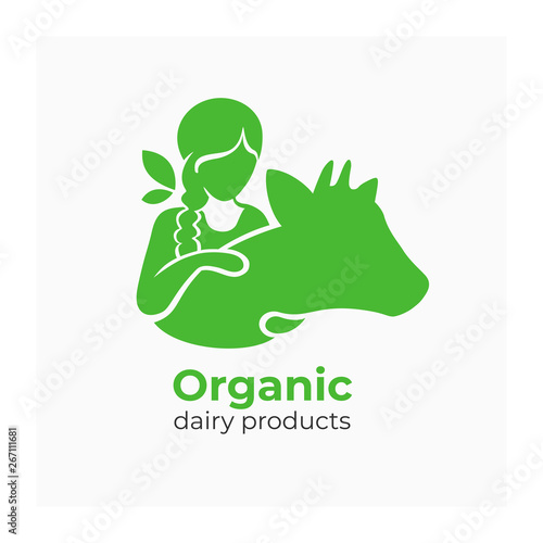 Logo for dairy products with country girl. Vector illustration of milkmaid hugging cow. Green sign for farmers organic food. Symbol with young woman and heifer. Label for milk farm company, bio market