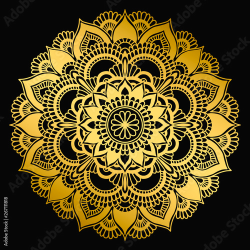 Mandala design. Ethnic round ornament. Hand drawn indian motif. Mehendi meditation yoga henna theme. Unique golden floral print.