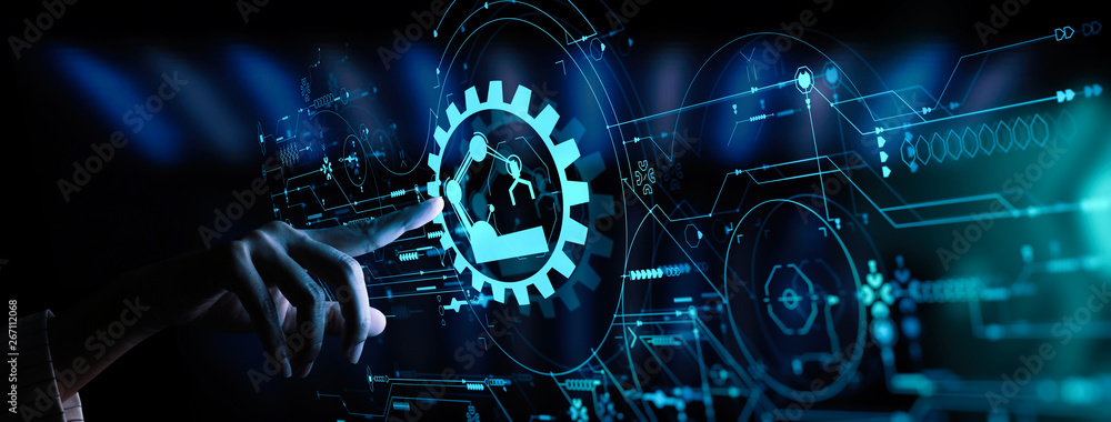 © greenbutterfly - Engineer hand check and control welding robotics automatic arms icon with machine in intelligent factory automotive industrial with UI monitoring system software.