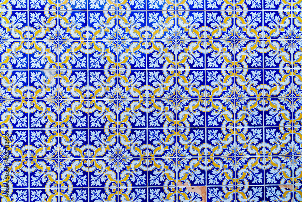 Tradtional mosaic of portuguese azulejo ceramic tiles