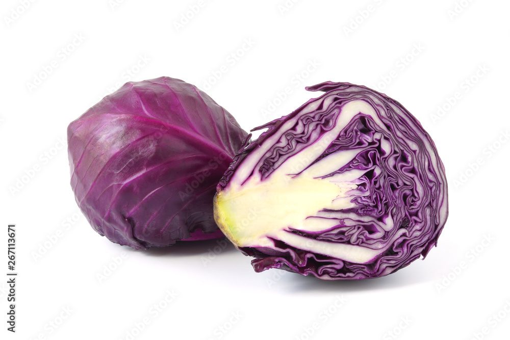Purple cabbages full and half vegetable isolated on white background Purple cabbages full and half vegetable isolated on white background