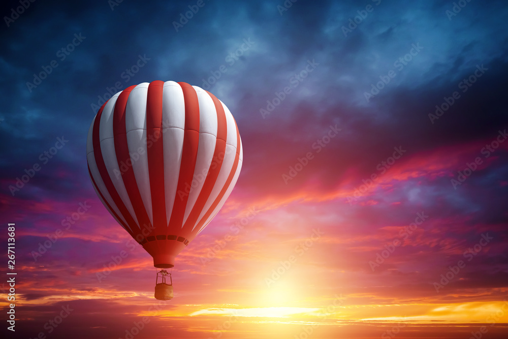 Obraz premium Multicolored, large balloons in the sky against the backdrop of a beautiful sunset. Concept of travel, dream, new emotions.