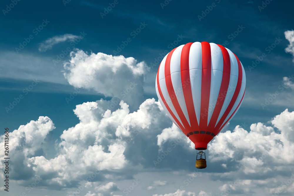 Naklejka premium Multicolored, large balloons against the blue sky. Travel concept, dream, new emotions, travel agency.