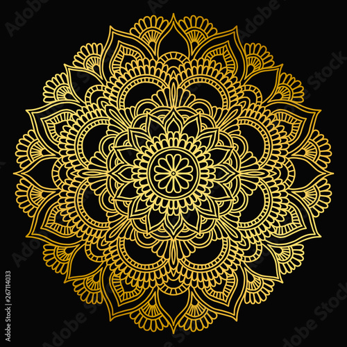 Mandala design. Ethnic round ornament. Hand drawn indian motif. Mehendi meditation yoga henna theme. Unique golden floral print.