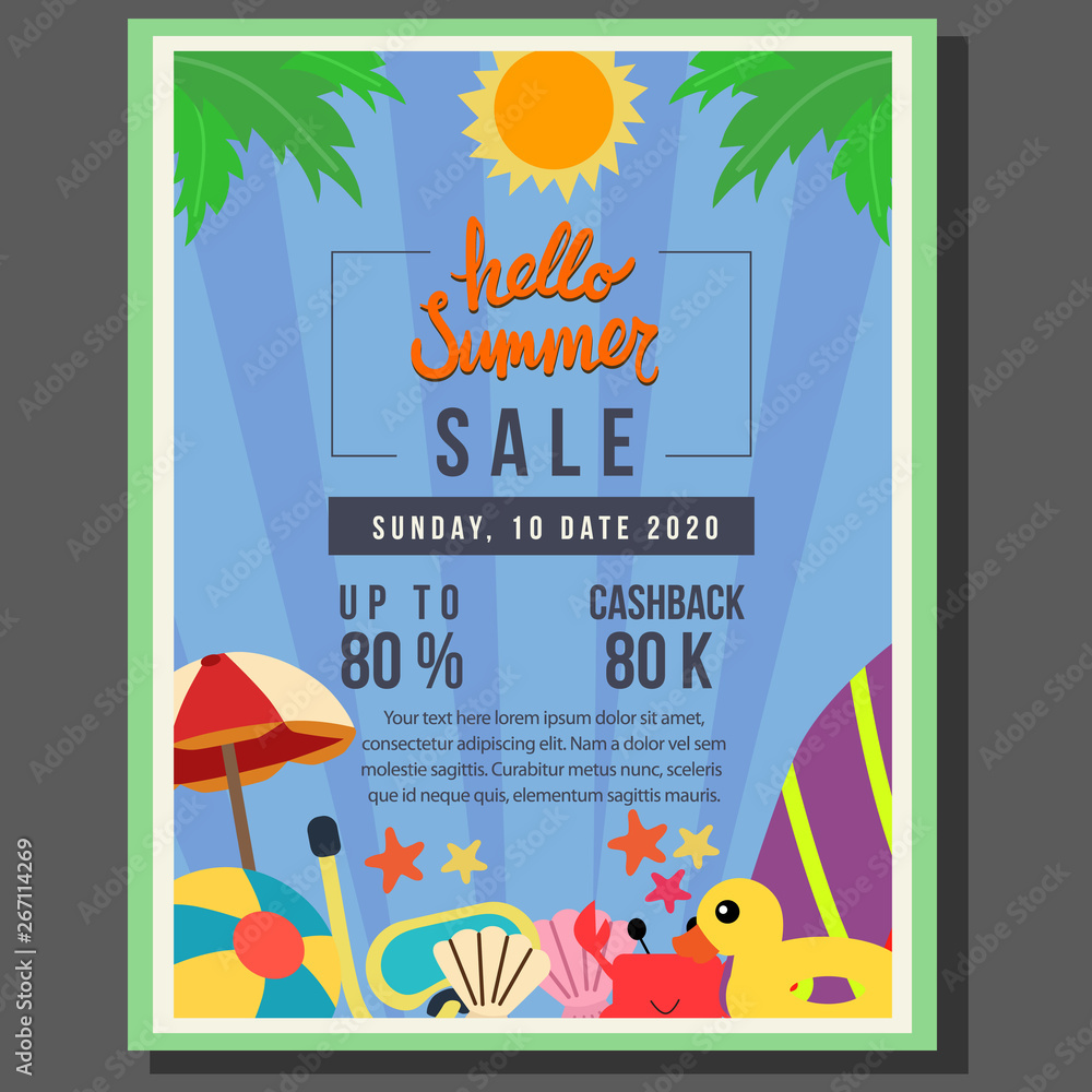 hello summer poster sale with flat style border