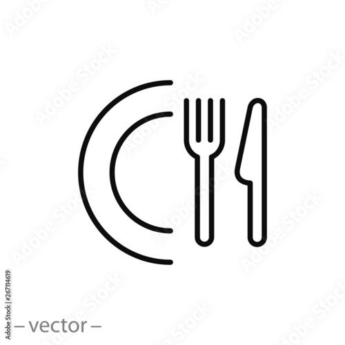 Food icon for label, logo, fork, knife and template. Cutlery, dinner, eat symbol and restaurant menu. Food line sign on white background - editable stroke vector illustration