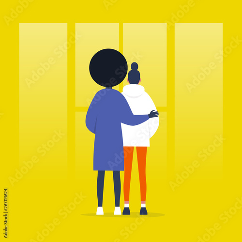 Young couple standing in front of the window. Relationships. Hugging partners. Love. Flat editable vector illustration, clip art