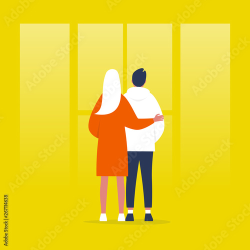 Young couple standing in front of the window. Relationships. Hugging partners. Love. Flat editable vector illustration, clip art