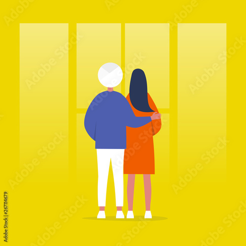 Young couple standing in front of the window. Relationships. Hugging partners. Love. Flat editable vector illustration, clip art