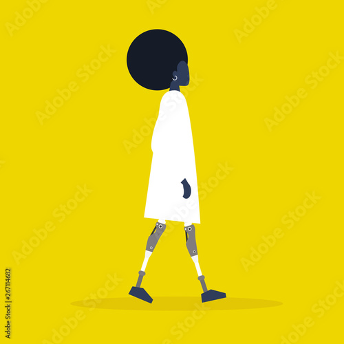 Young black female character with prosthetic lower limbs. Modern disabled people. Lifestyle. New technologies. Flat editable vector illustration, clip art