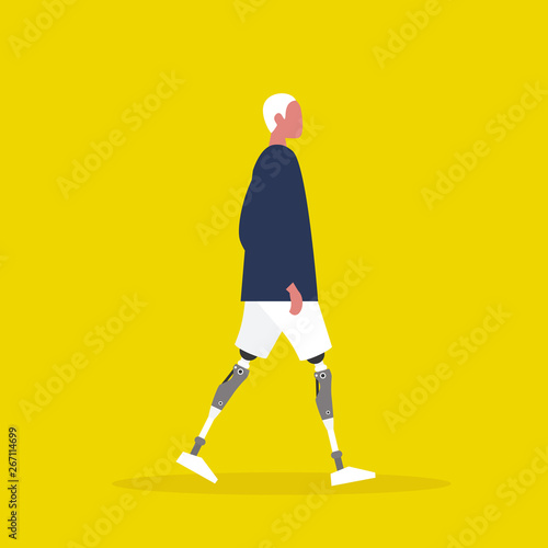 Young male character with prosthetic lower limbs. Modern disabled people. Lifestyle. New technologies. Flat editable vector illustration, clip art