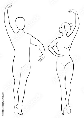 Silhouette of a cute lady and youth, they dance ballet. The woman and the man have beautiful slender figures. Girl ballerina and boyfriend dancer. Ballet dancer. Vector illustration