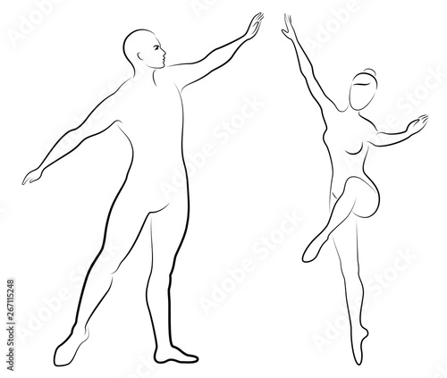 Silhouette of a cute lady and youth, they dance ballet. The woman and the man have beautiful slender figures. Girl ballerina and boyfriend dancer. Ballet dancer. Vector illustration