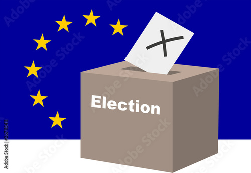 EU European Union election concept. Voting at the ballot box with  the european flag in the background. Illustration. Vector available.