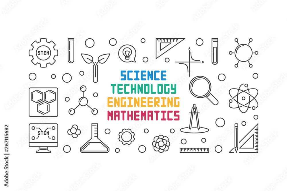 Science, Technology, Engineering and Mathematics vector concept minimal banner or illustration in thin line style Science, Technology, Engineering and Mathematics vector concept minimal banner or illustration in thin line style