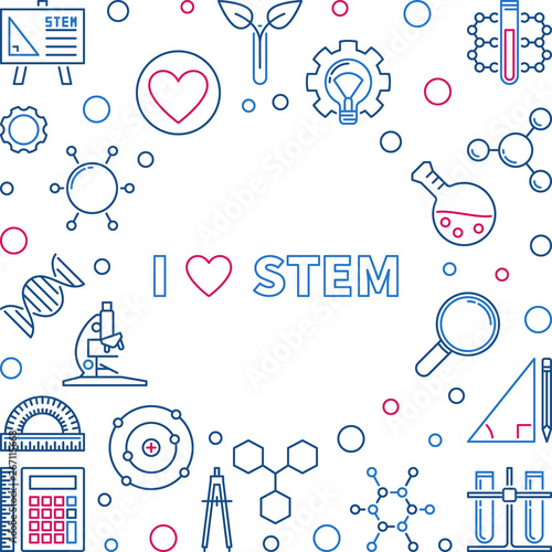 I Love STEM vector concept creative illustration or frame in thin line style