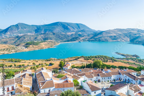 Landscape with Zahara de la Sierra and its lake, Andalusia, Spain