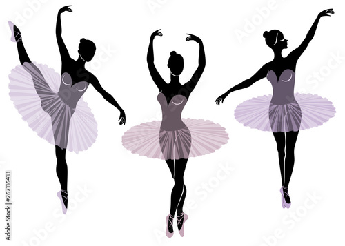 Collection. Silhouette of a cute lady, she is dancing ballet. The girl has a beautiful figure. Woman ballerina. Vector illustration set
