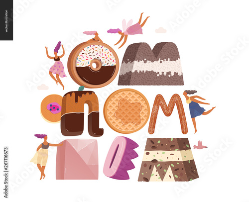 Dessert lettering - Om-nom-nom - modern flat vector concept digital illustration of temptation font, sweet lettering and girls. Caramel, toffee, biscuit, waffle, cookie, cream and chocolate letters