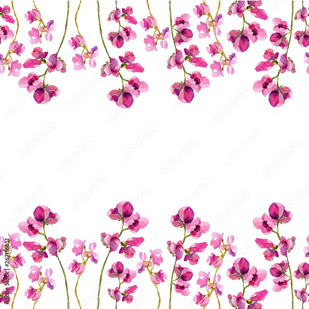 Seamless pattern, border of delicate small pink flowers. Watercolor drawing for the design of wallpaper, wrappers, packages, covers, fabrics