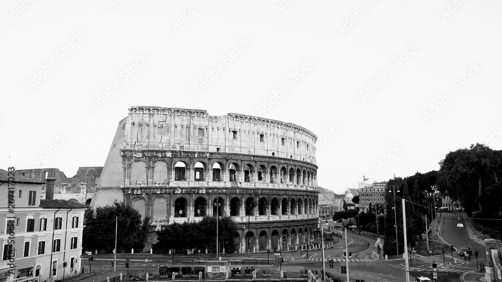 Colosseum in black and white at morning, Historical landmark in Rome city, Italy