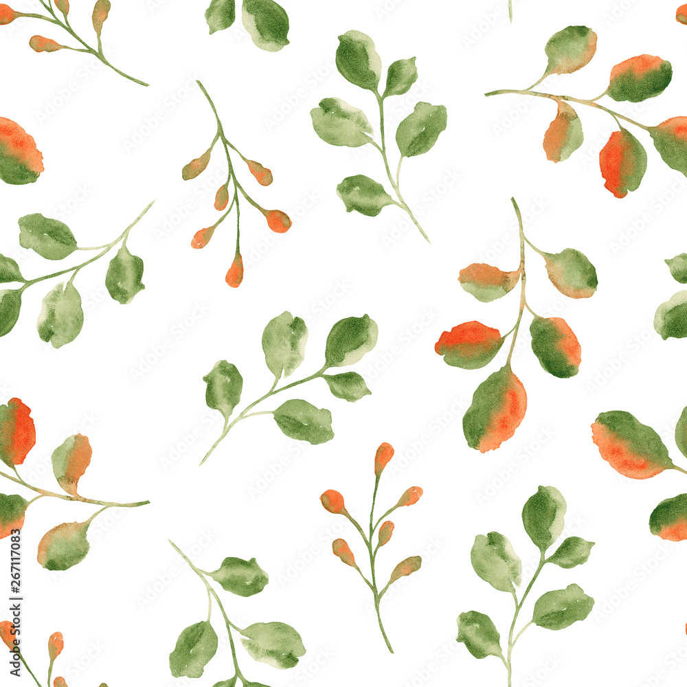  Watercolor pattern of coral gray leaves and branches. Ideal for cards and invitations.