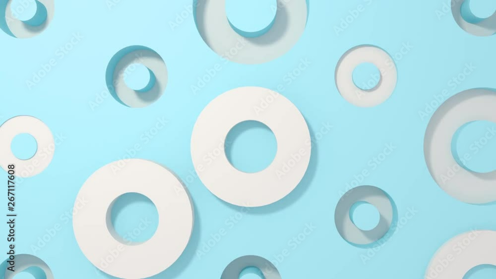 White circle 3d shapes geometric animation on blue pastel background. 4k loop render footage. White circle 3d shapes geometric animation on blue pastel background. 4k loop render footage.