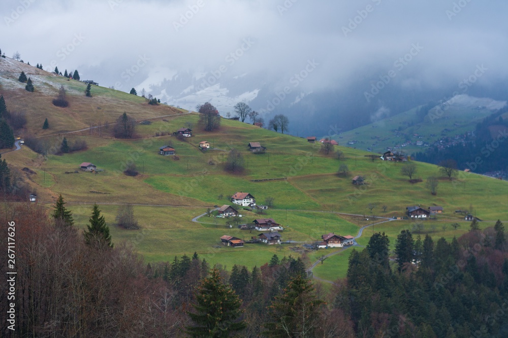 between winter and autumn seasons. Village. switzerland