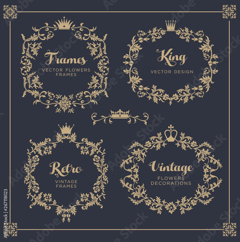 Vintage vector Set. Floral elements for design of monograms, invitations, frames, menus, labels and websites. For design of catalogs and brochures of cafes, boutiques. Retro style.