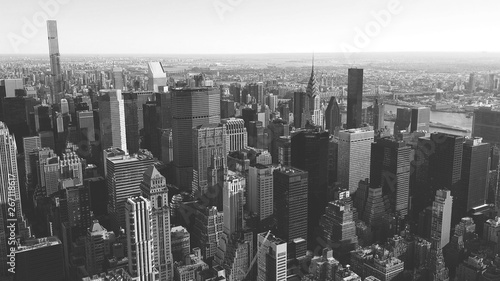 black and white view of Manhattan buildings  New York City  USA