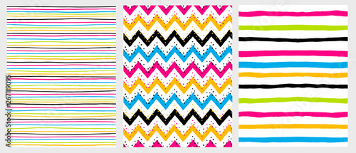 Simple Geometric Vector Patterns with Colorful Stripes and Chervron on a White Background. Green, Orange, Violet and Black Zig Zags and Lines on a White Layout. Irregular Hand Drawn Vector Design.