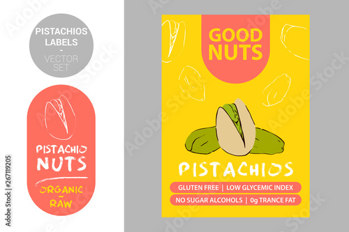 Pistachio nuts labels with brush stroke elements. Cartoon drawn Pistachios. product Badge with text: gluten free, low glycemic index, no sugar alcohols, 0g trance fat. Raw organic sticker