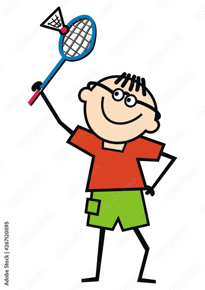 Boy and badminton, single player with racket and ball, funny vector illustration. Colored image. Boy and badminton, single player with racket and ball, funny vector illustration. Colored image.