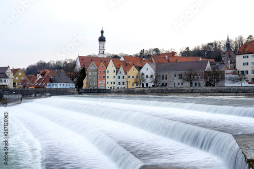 View of Landsberg Am Lech, Germany. Landsberg Am Lech River with Cityscape reflection - Immagine