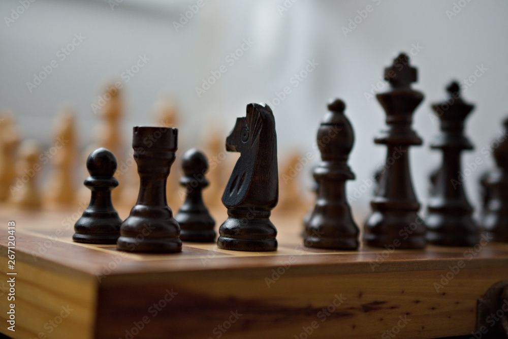 Starting point of a chess game, view from the corner on the black side. Starting point of a chess game, view from the corner on the black side.