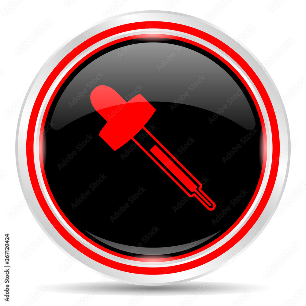 Pipette icon. Round metal web button, black and red. Pipette icon. Round metal web button, black and red.