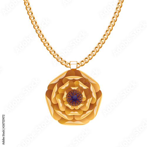Golden chain necklace with golden flower pendant.